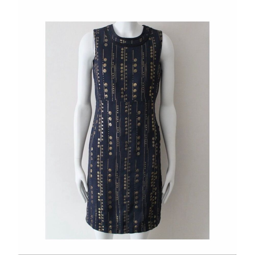Tory Burch Navy and Gold Metallic Shift Dress sz4